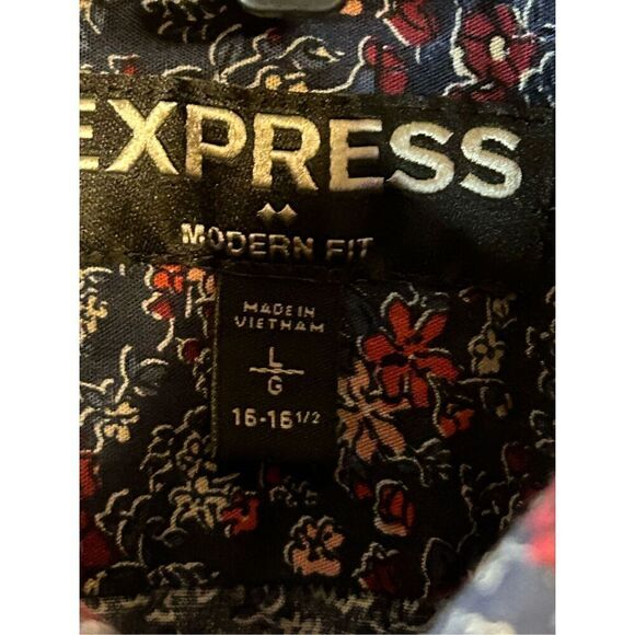 EXPRESS Button Up Long Sleeve Floral Modern Fit Shirt Men's Large 16-16.5 Navy ( - Picture 3 of 6